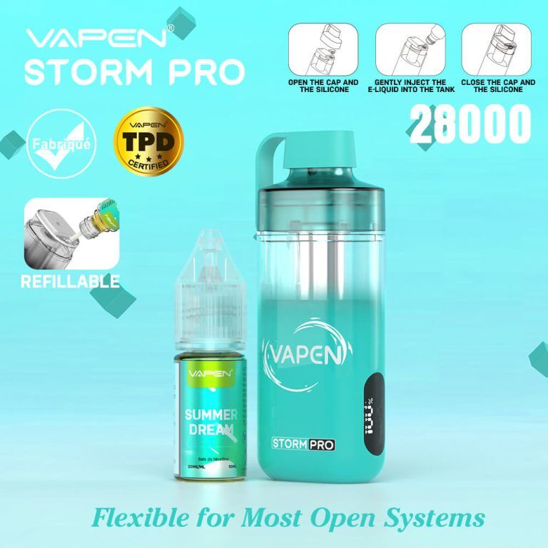 VAPEN STORM Pro Refilled 2 x 10ml 28000 Puff Open System Vape Pod TPD Compliant France Ban Free Electronic e Cigarette Long-lasting Smart Display JNR Fal (