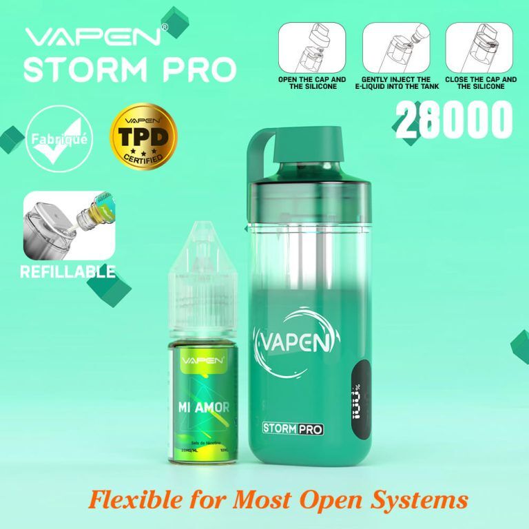 VAPEN STORM Pro Refilled 2 x 10ml 28000 Puff Open System Vape Pod TPD Compliant France Ban Free Electronic e Cigarette Long-lasting Smart Display JNR Fal (1)